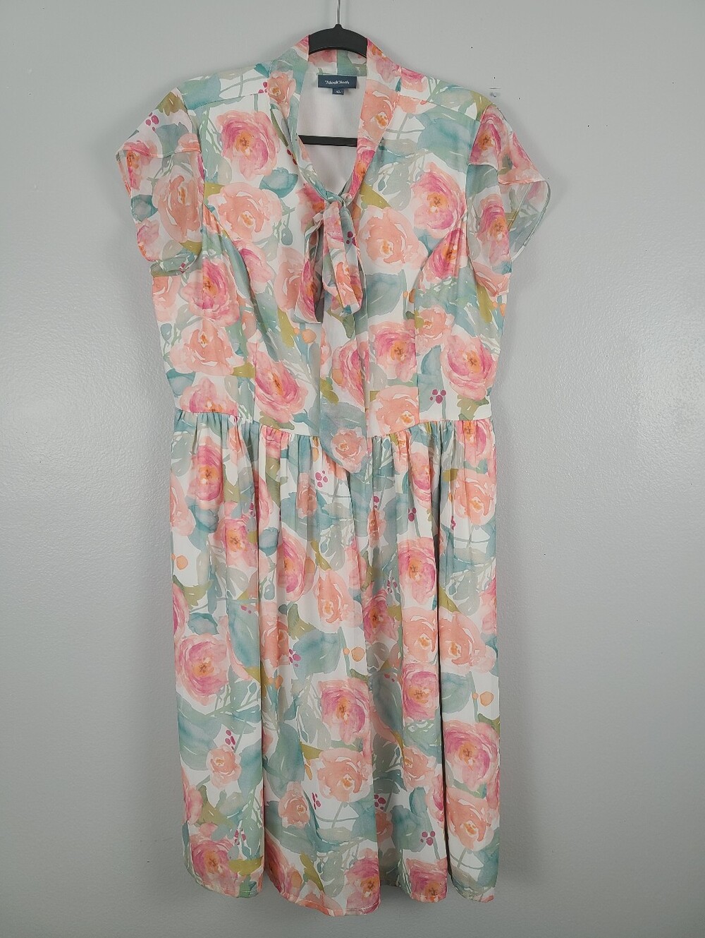 Modcloth Pastel Watercolor Pink Coral Green White Flutter Cap-Sleeve Retro Dress